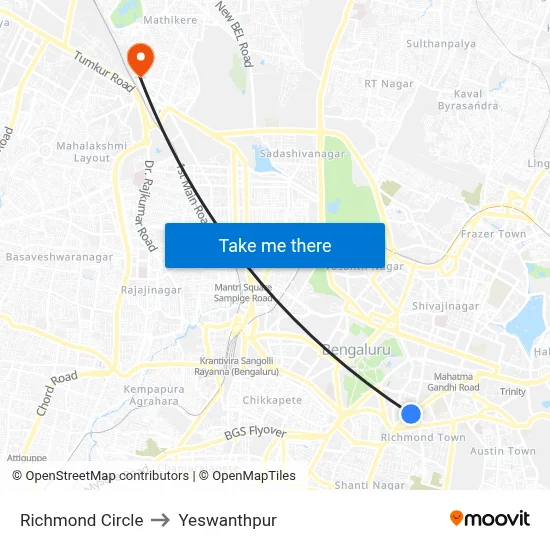Richmond Circle to Yeswanthpur map