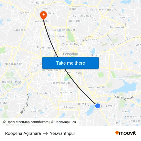 Roopena Agrahara to Yeswanthpur map