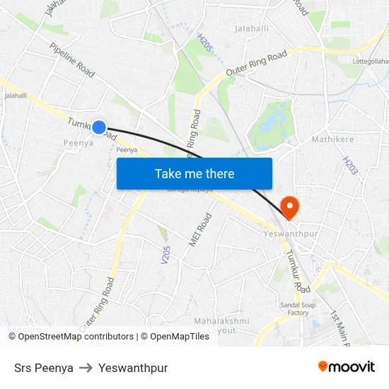 Srs Peenya to Yeswanthpur map