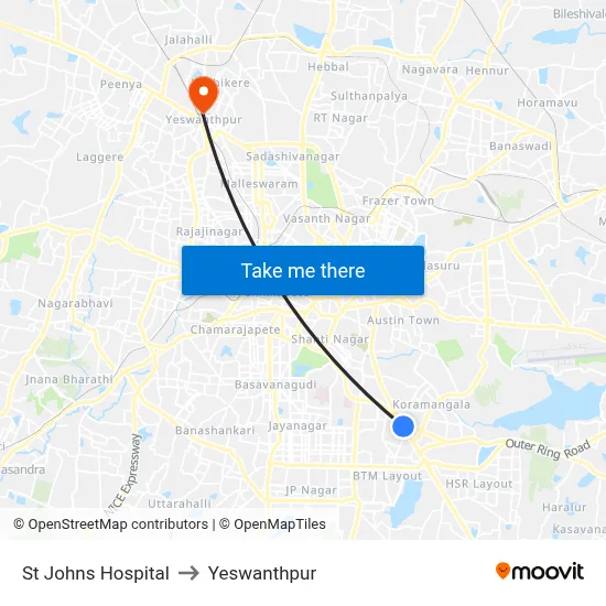 St Johns Hospital to Yeswanthpur map