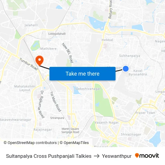 Sultanpalya Cross Pushpanjali Talkies to Yeswanthpur map