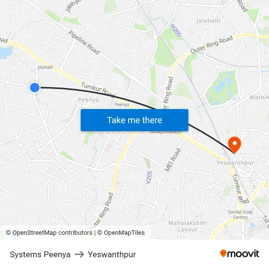 Systems Peenya to Yeswanthpur map