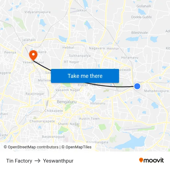 Tin Factory to Yeswanthpur map