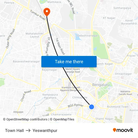Town Hall to Yeswanthpur map