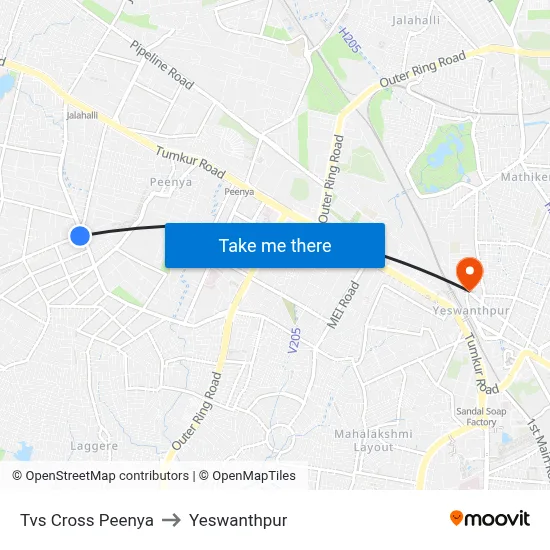 Tvs Cross Peenya to Yeswanthpur map