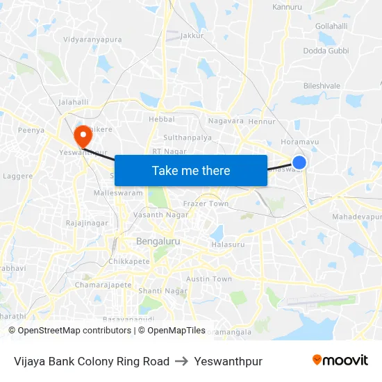 Vijaya Bank Colony Ring Road to Yeswanthpur map