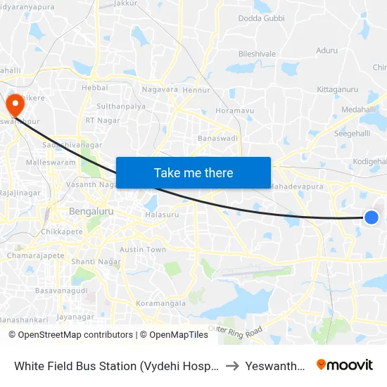 White Field Bus Station (Vydehi Hospital) to Yeswanthpur map