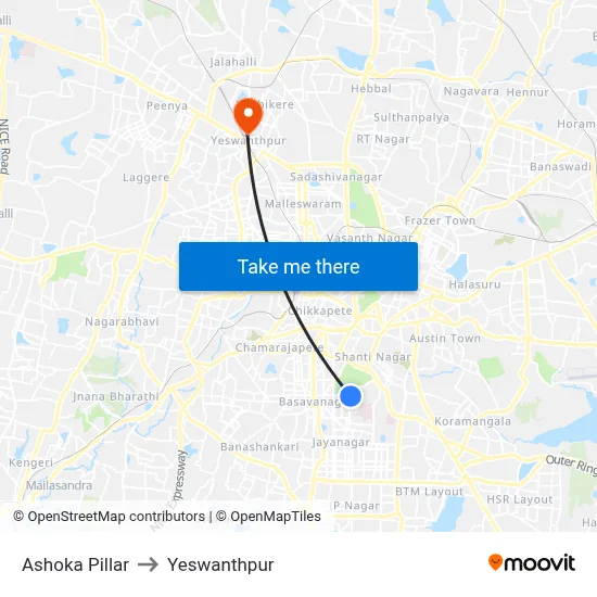 Ashoka Pillar to Yeswanthpur map