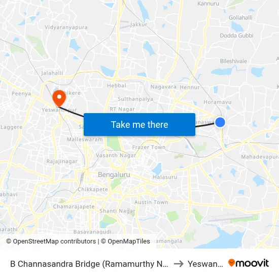 B Channasandra Bridge (Ramamurthy Nagara Ring Road) to Yeswanthpur map