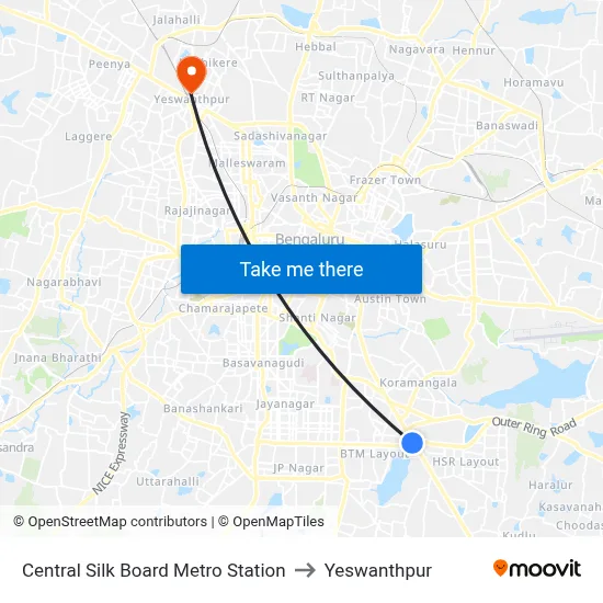 Central Silk Board Metro Station to Yeswanthpur map