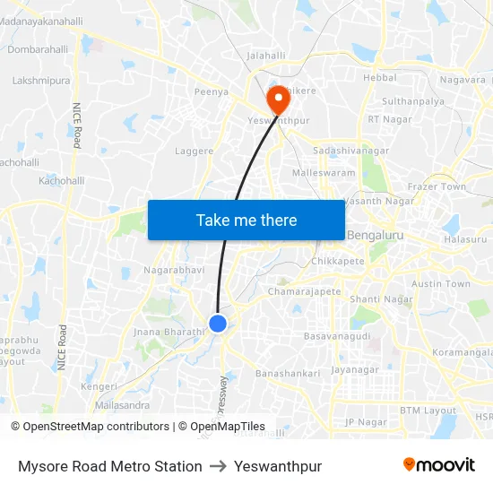 Mysore Road Metro Station to Yeswanthpur map