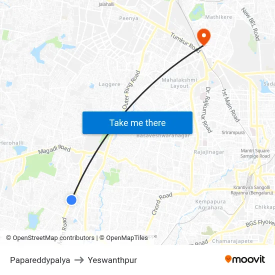 Papareddypalya to Yeswanthpur map