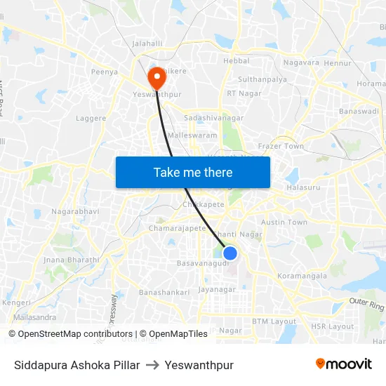 Siddapura Ashoka Pillar to Yeswanthpur map