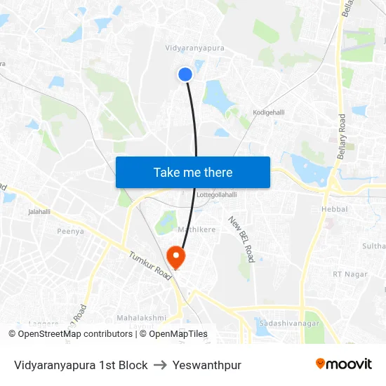 Vidyaranyapura 1st Block to Yeswanthpur map