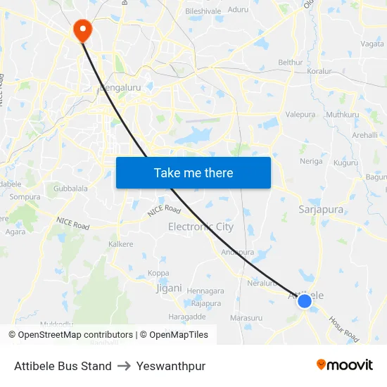 Attibele Bus Stand to Yeswanthpur map