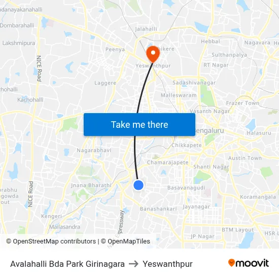 Avalahalli Bda Park Girinagara to Yeswanthpur map