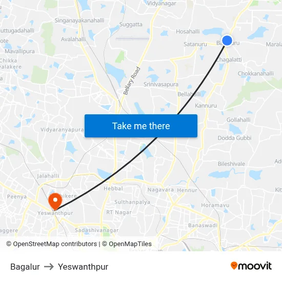 Bagalur to Yeswanthpur map