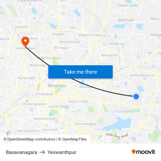 Basavanagara to Yeswanthpur map