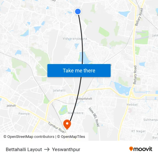 Bettahalli Layout to Yeswanthpur map