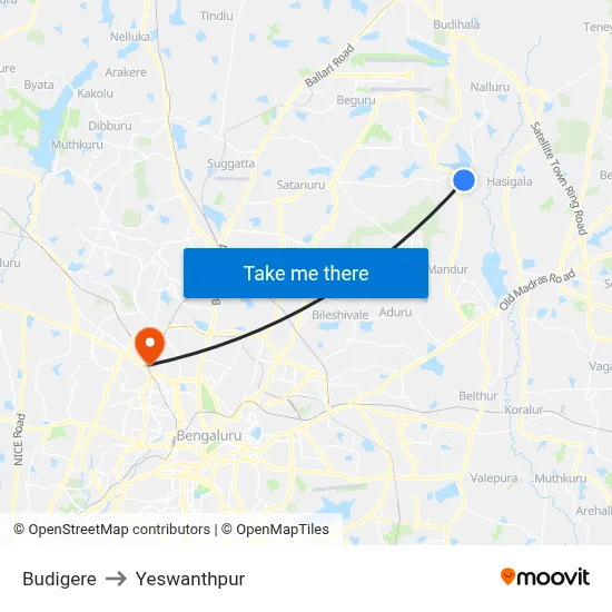 Budigere to Yeswanthpur map