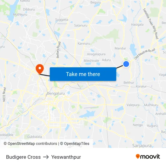 Budigere Cross to Yeswanthpur map