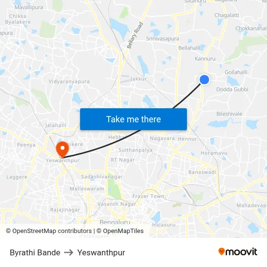 Byrathi Bande to Yeswanthpur map