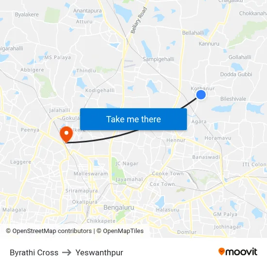 Byrathi Cross to Yeswanthpur map