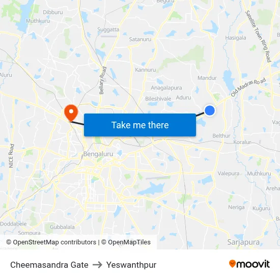 Cheemasandra Gate to Yeswanthpur map