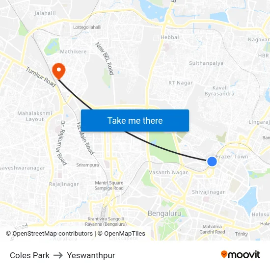 Coles Park to Yeswanthpur map