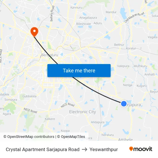 Crystal Apartment Sarjapura Road to Yeswanthpur map