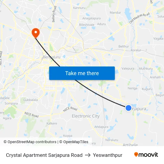 Crystal Apartment Sarjapura Road to Yeswanthpur map