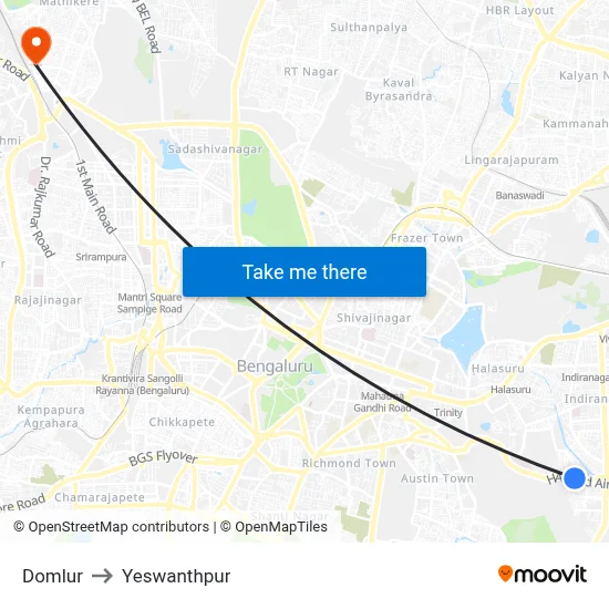 Domlur to Yeswanthpur map