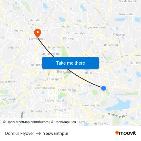 Domlur Flyover to Yeswanthpur map