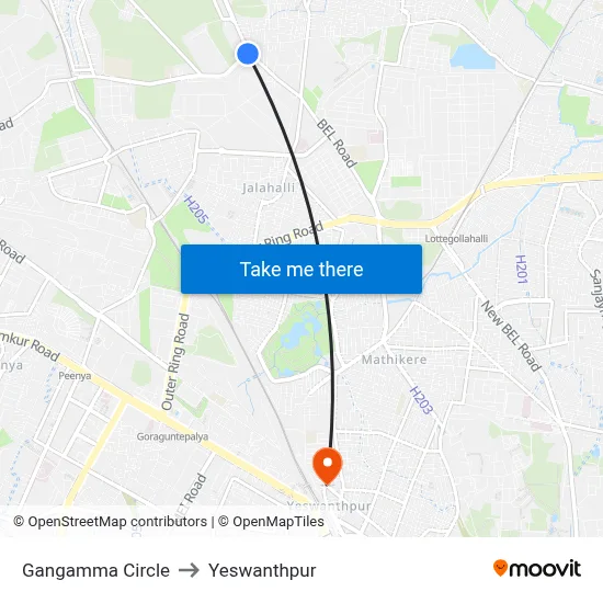 Gangamma Circle to Yeswanthpur map