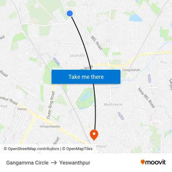 Gangamma Circle to Yeswanthpur map