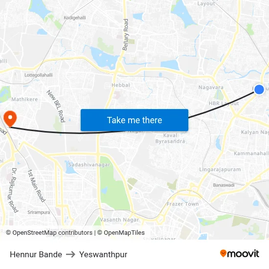 Hennur Bande to Yeswanthpur map