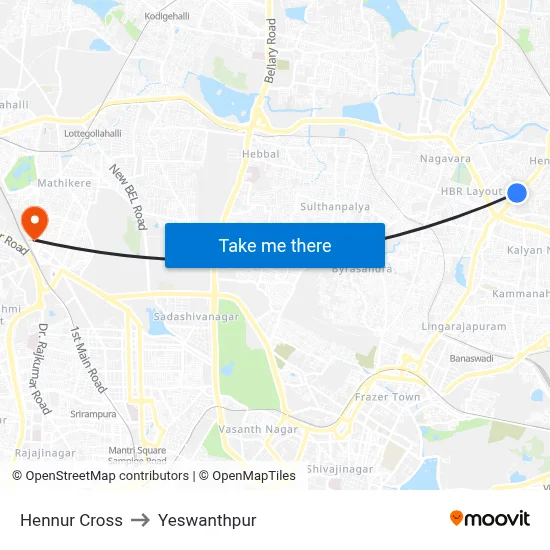 Hennur Cross to Yeswanthpur map