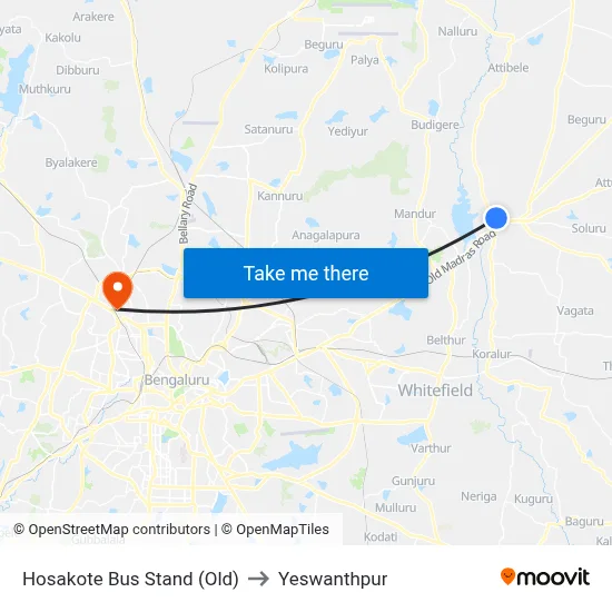 Hosakote Bus Stand (Old) to Yeswanthpur map