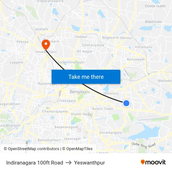 Indiranagara 100ft Road to Yeswanthpur map