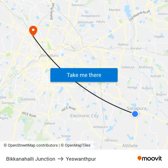 Bikkanahalli Junction to Yeswanthpur map