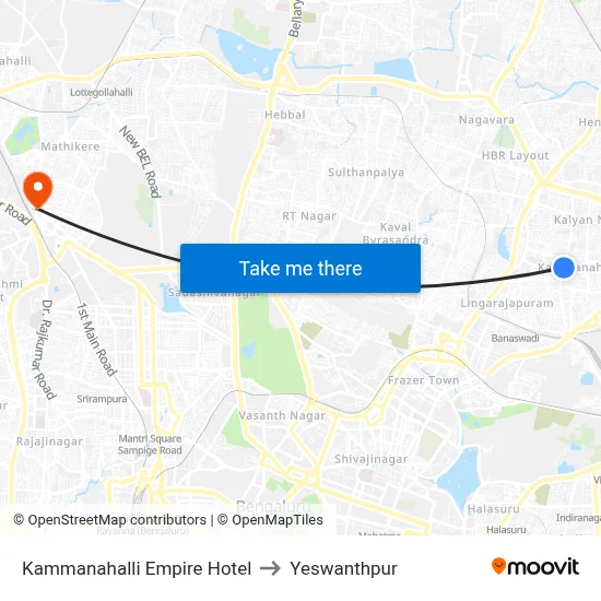 Kammanahalli Empire Hotel to Yeswanthpur map
