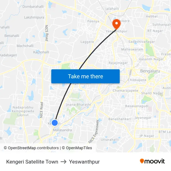 Kengeri Satellite Town to Yeswanthpur map