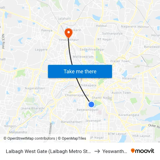 Lalbagh West Gate (Lalbagh Metro Station) to Yeswanthpur map