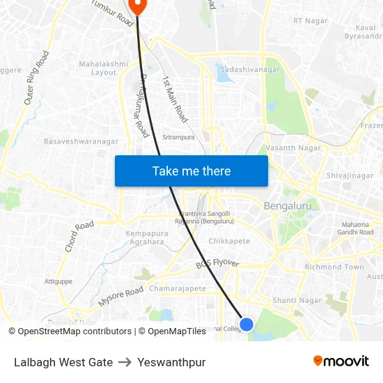 Lalbagh West Gate to Yeswanthpur map