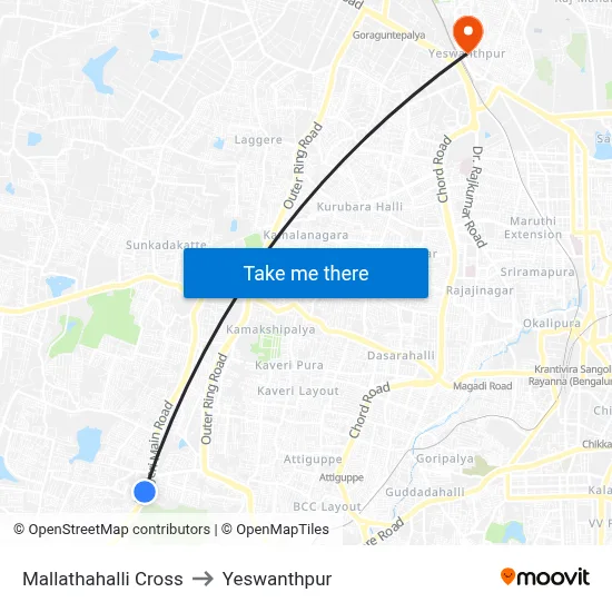 Mallathahalli Cross to Yeswanthpur map