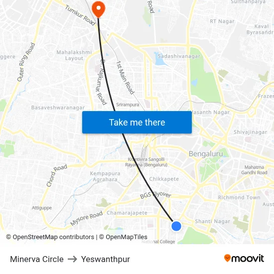 Minerva Circle to Yeswanthpur map