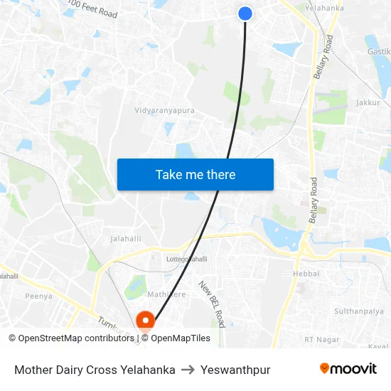 Mother Dairy Cross Yelahanka to Yeswanthpur map