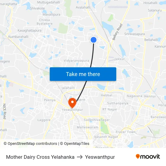 Mother Dairy Cross Yelahanka to Yeswanthpur map