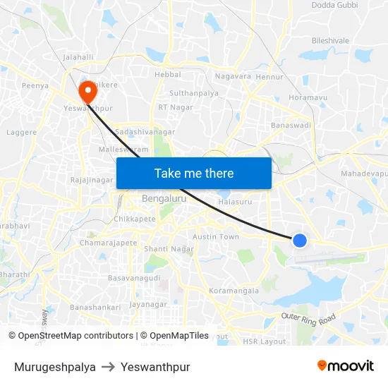 Murugeshpalya to Yeswanthpur map