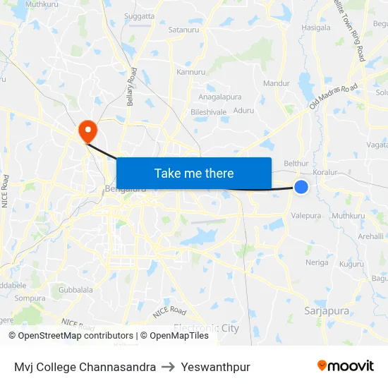 Mvj College Channasandra to Yeswanthpur map